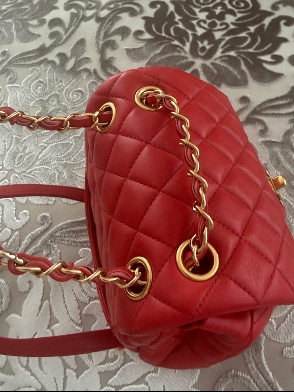 CHANEL Red Quilted Lambskin Backpack with Gold Chain - Picture 3 of 3